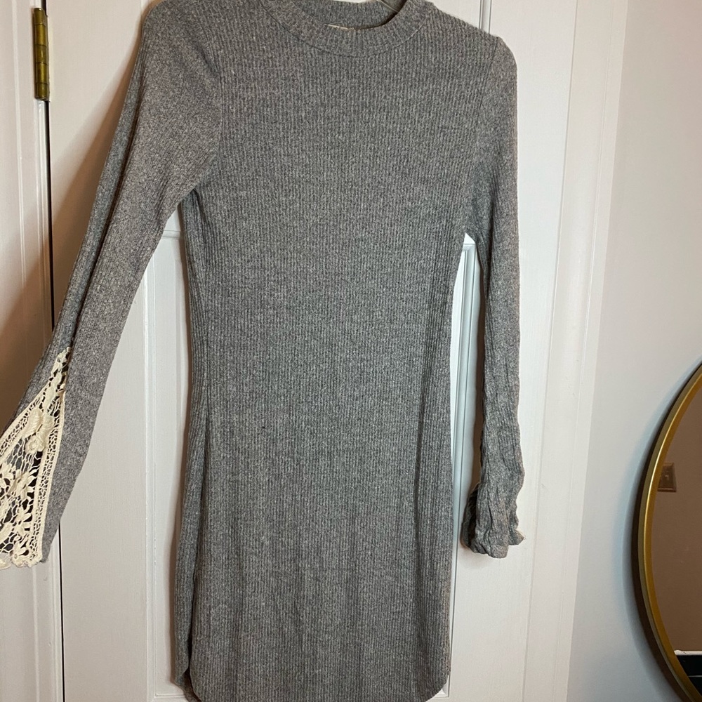 grey sweater dress w/ lace sleeves